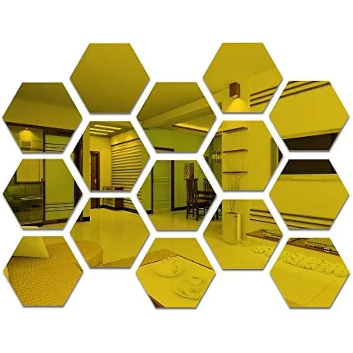 Pack of 6. Hexagon Mirror Wall Sticker Sets